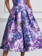 Lilac Hydrangea Print Satin Midi A-Line Dress