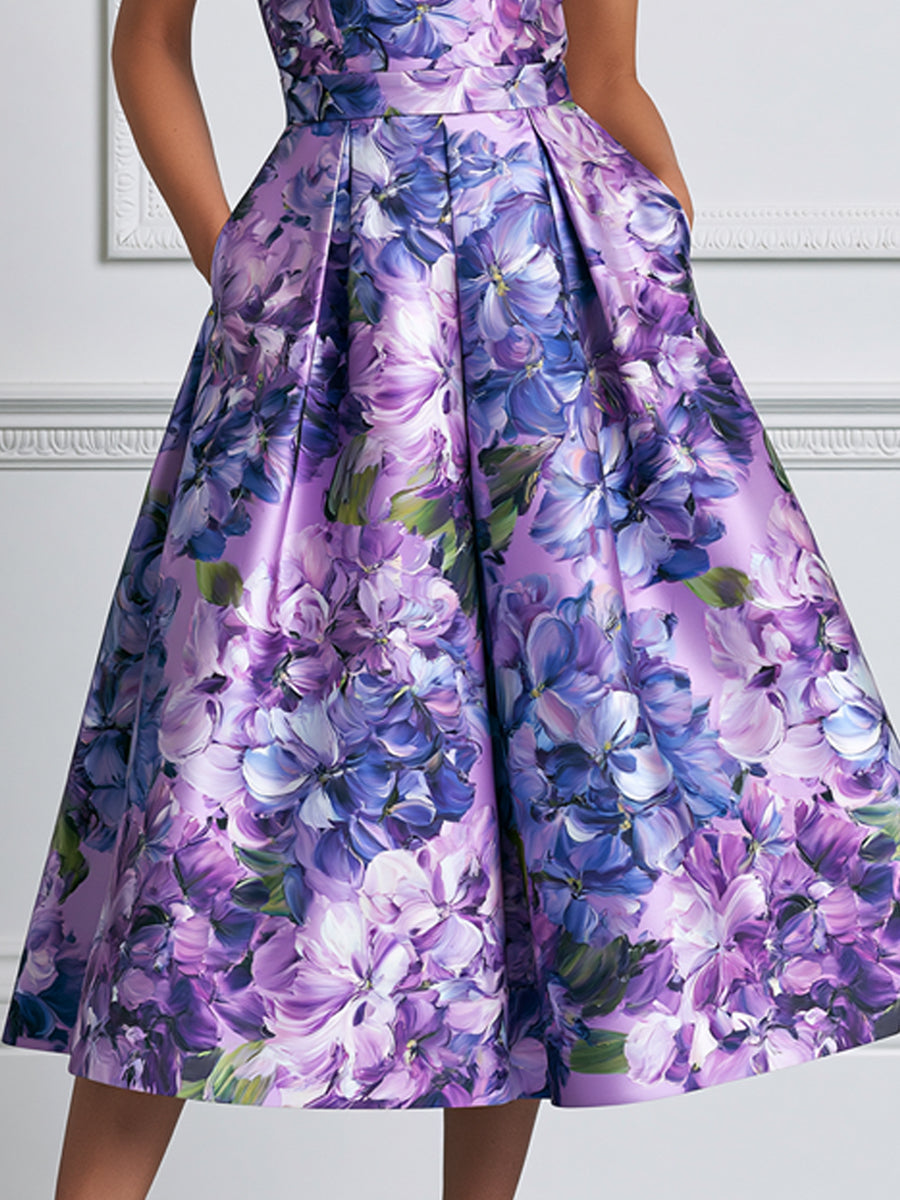 Lilac Hydrangea Print Satin Midi A-Line Dress