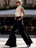 Elegant Champagne White Satin Sleeveless Bow Shirt