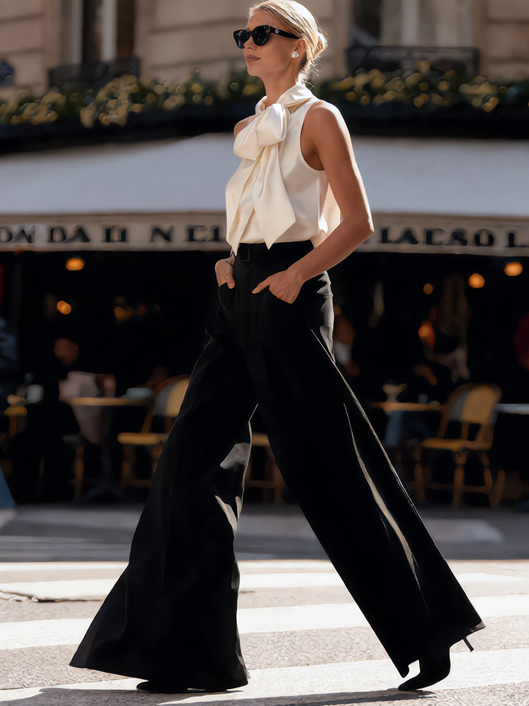 Elegant Champagne White Satin Sleeveless Bow Shirt