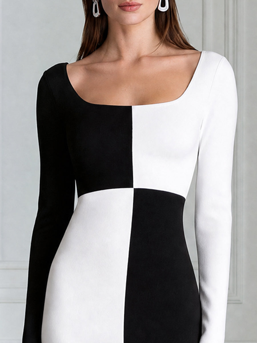 Black And White Color Block Long Sleeve Midi Bodycon Dress