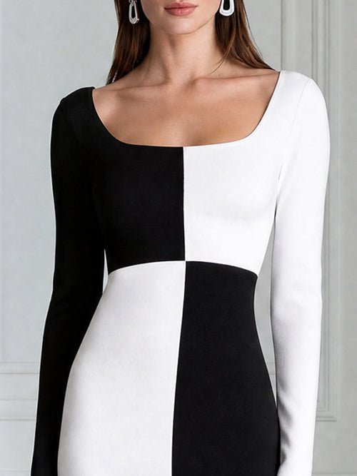 Black And White Color Block Long Sleeve Midi Bodycon Dress