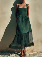 Women's Solid-color Casual Loose Cotton-linen Patchwork Strappy Dress
