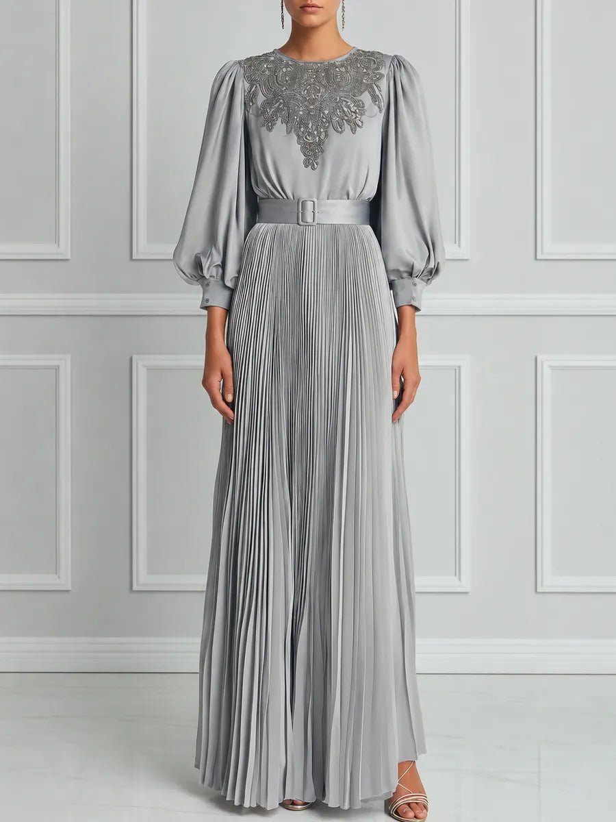 Silver Grey Pleated Maxi Dress With Lace Paneling And Puff Sleeves