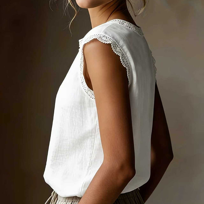 Retro Loose Solid Color Round Neck Lace Patchwork Sleeveless T-shirt
