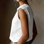 Retro Loose Solid Color Round Neck Lace Patchwork Sleeveless T-shirt