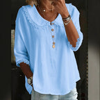 Women's  Retro Collared Lace-trimmed Solid Color Button-up Shirt