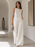 Sleeveless Textured Top And Wide-Leg Pants Set With Frayed Hem Detail