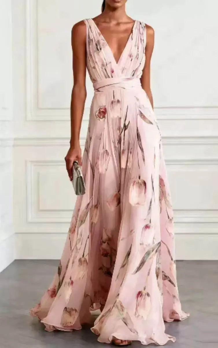 Elegant Tulip Print V-neck Maxi Dress