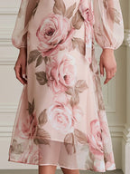 Watercolor Rose Print Wrap Puff Sleeves Midi Chiffon Dress