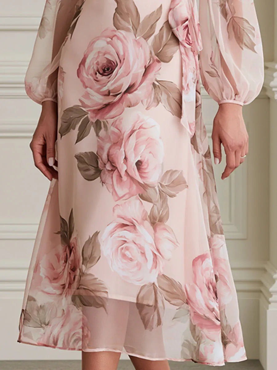 Watercolor Rose Print Wrap Puff Sleeves Midi Chiffon Dress