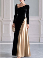 Elegant Velvet And Satin Asymmetrical Long Sleeve Maxi Gown