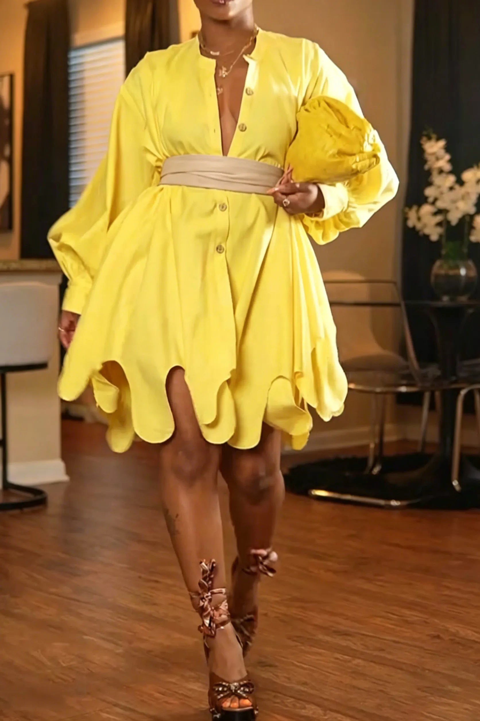 Women's Fashion Puff Sleeve Asymmetric-Hem Dress with Belt