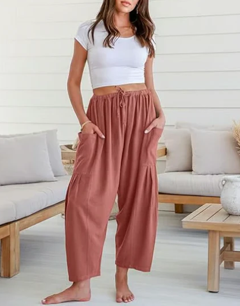 Womens Linen Wide Leg Pants Casual Loose Beach Palazzo Harem Pants with Pockets Summer Outfit