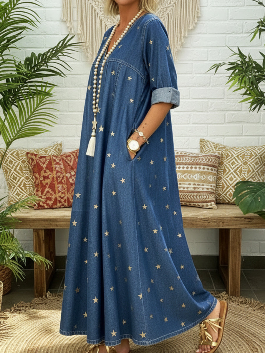 Casual Gold Star Print 100% Cotton Denim Dress