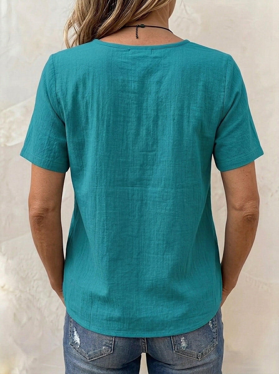 Women's Forest-Style Casual Linen Short-Sleeve Vintage V-Neck Lace-Trimmed Button-Up Loose Blouse