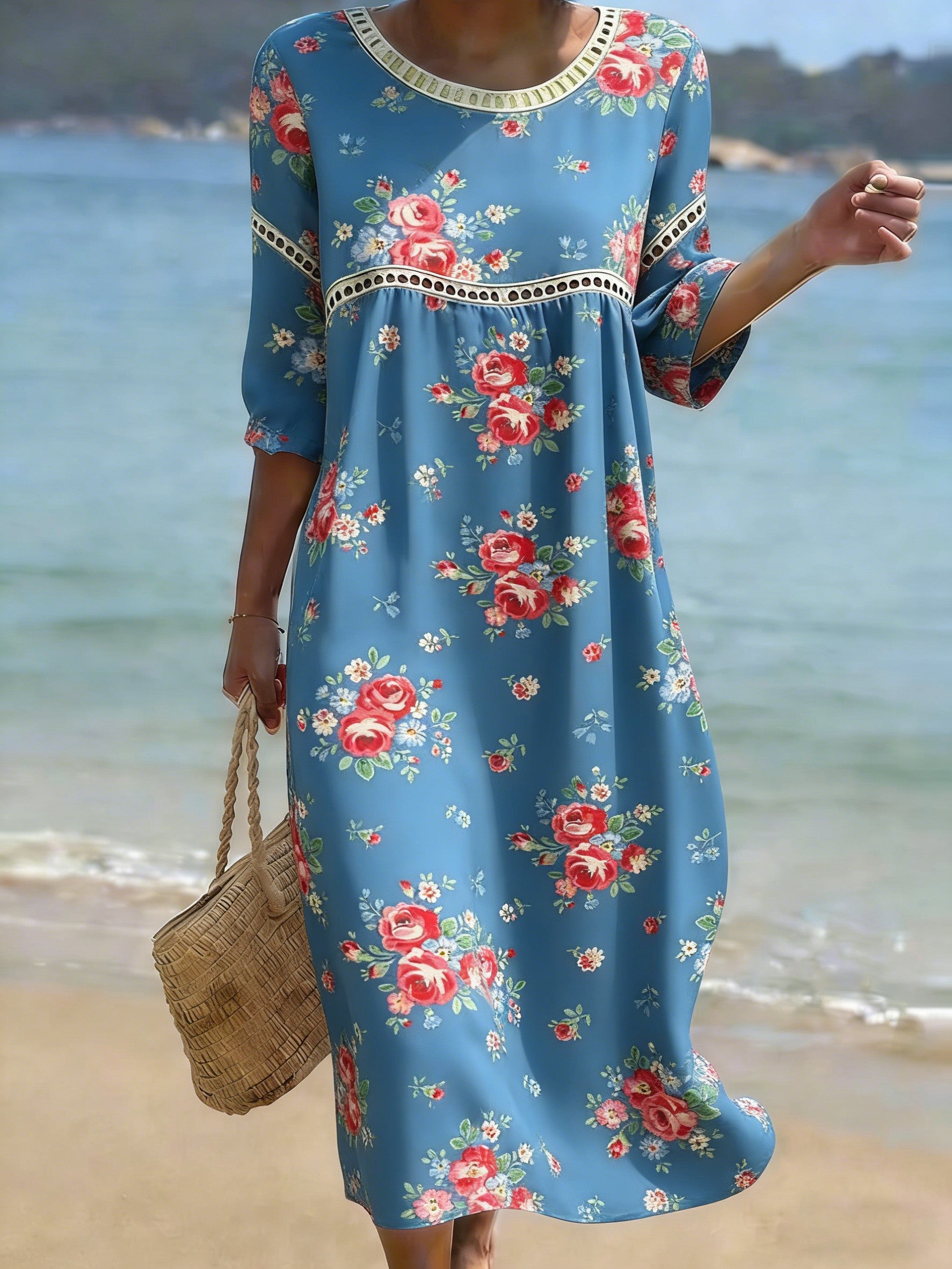 Women's Folk Flowers Print Crew Neck Cotton Pocket Dress