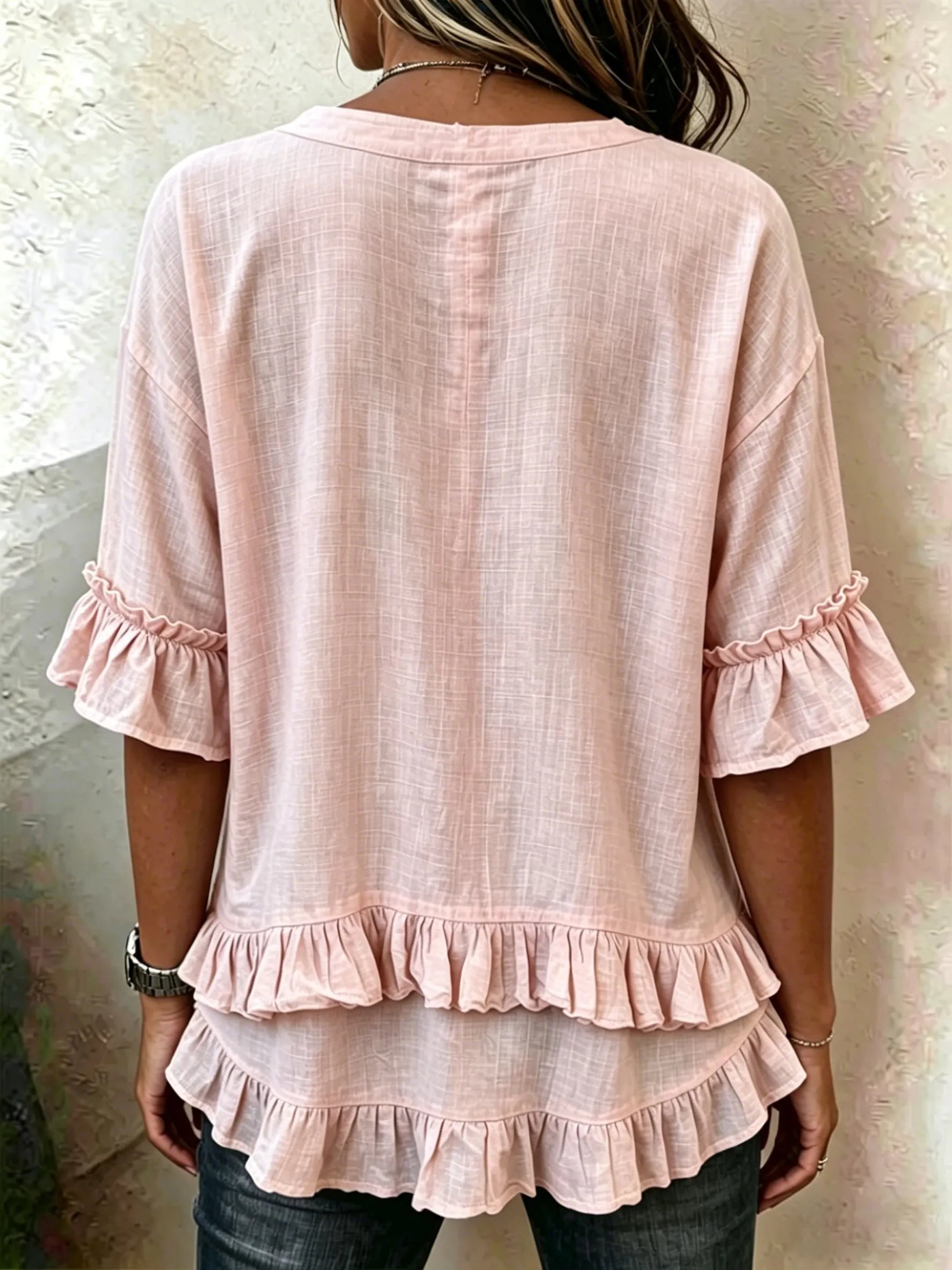 Retro Floral Embroidered V-neck Ruffled Loose-fit Shirt