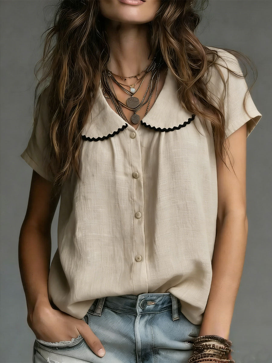 Women's Comfortable Color Blocking Simple Short-sleeve Cotton Shirt