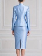 Blue Satin Stand Collar Blazer & Pencil Skirt Set