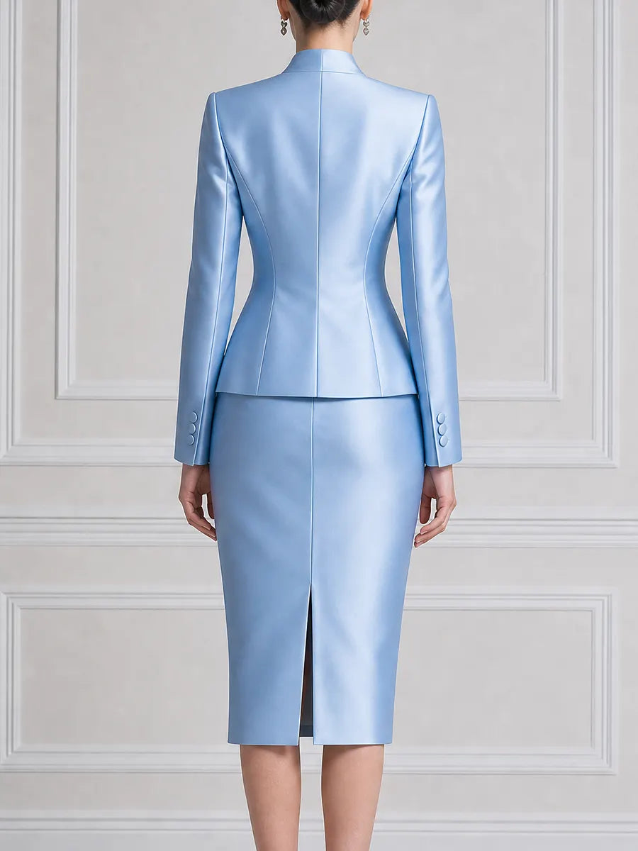 Blue Satin Stand Collar Blazer & Pencil Skirt Set