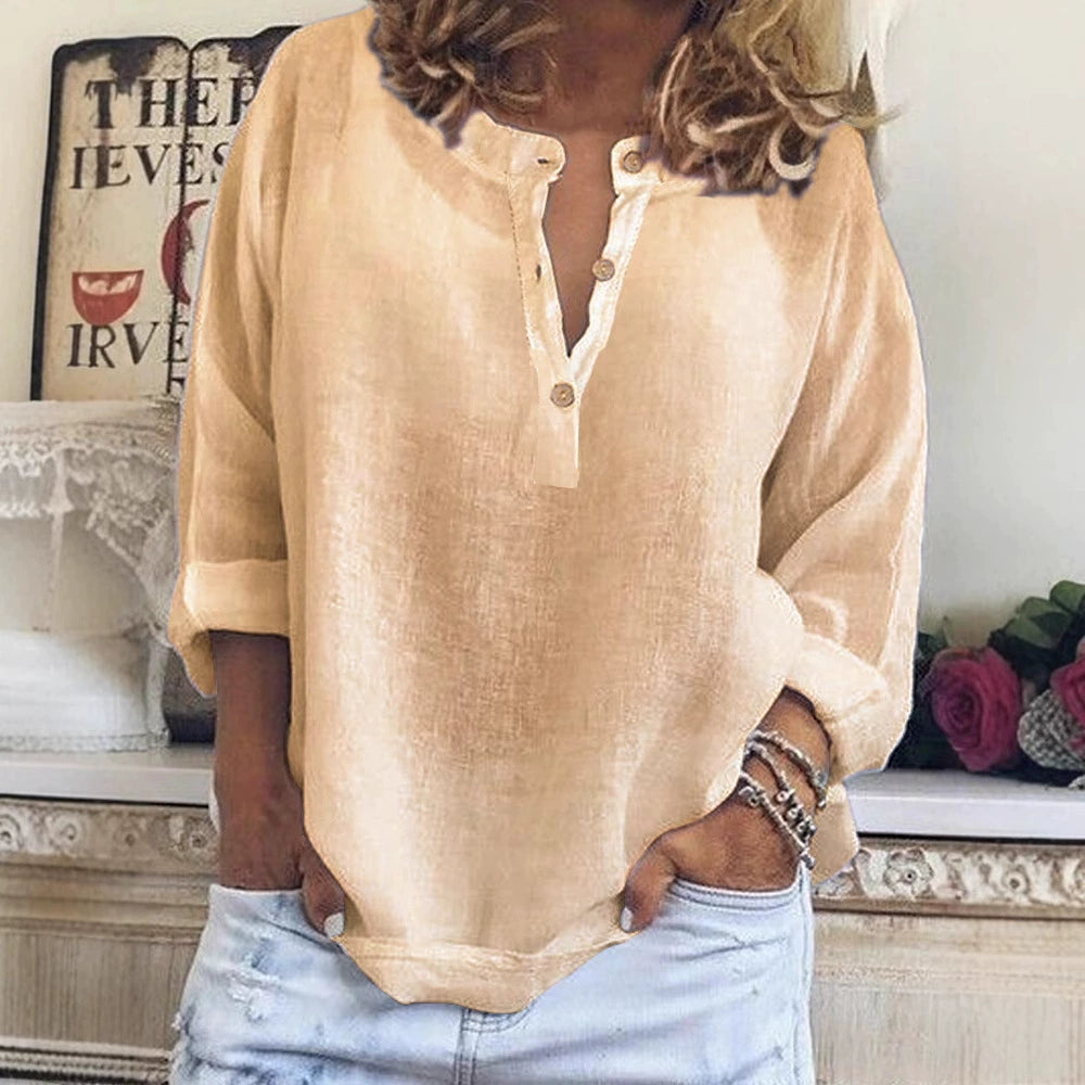 Women's Retro Button V Neck Cotton Linen Comfy Shirt