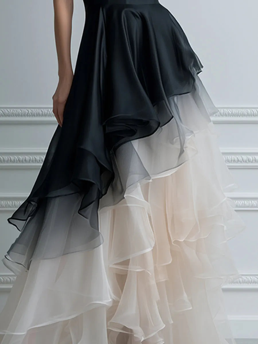 Black-to-Ivory Ombré Illusion Tiered Ruffle Maxi Gown