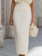 Draped High-Neck Fitted Top & Midi Skirt Two-Piece Set