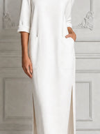 White Dress Stockholm Style Patch Pocket Slit Midi Dress
