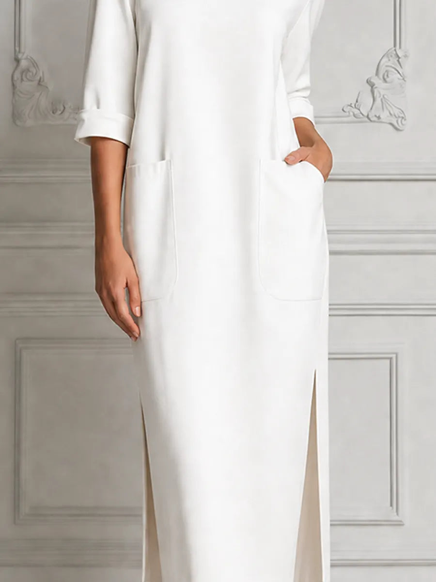 White Dress Stockholm Style Patch Pocket Slit Midi Dress