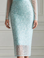 Light Ice Blue Illusion Sequin Mesh Bodycon Midi Dress