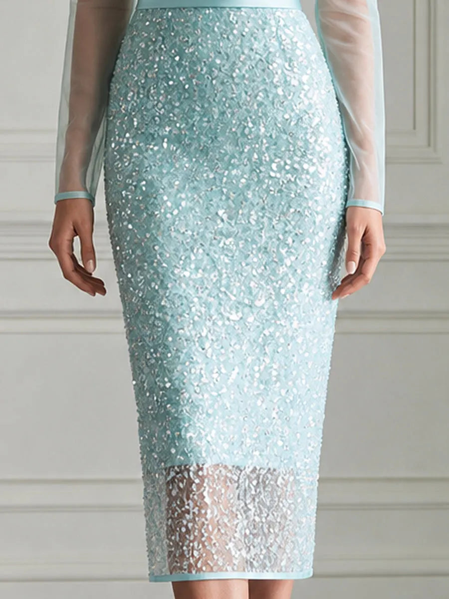 Light Ice Blue Illusion Sequin Mesh Bodycon Midi Dress