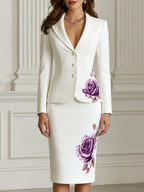 Elegant Purple Floral Print Blazer & Pencil Skirt Suit
