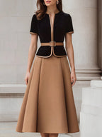 Contrast Trim Peplum Blazer And Pleated A-Line Skirt Set