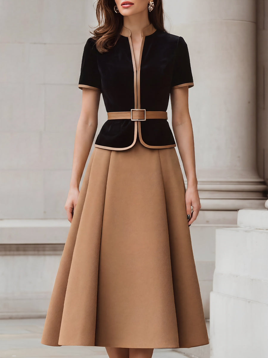 Contrast Trim Peplum Blazer And Pleated A-Line Skirt Set