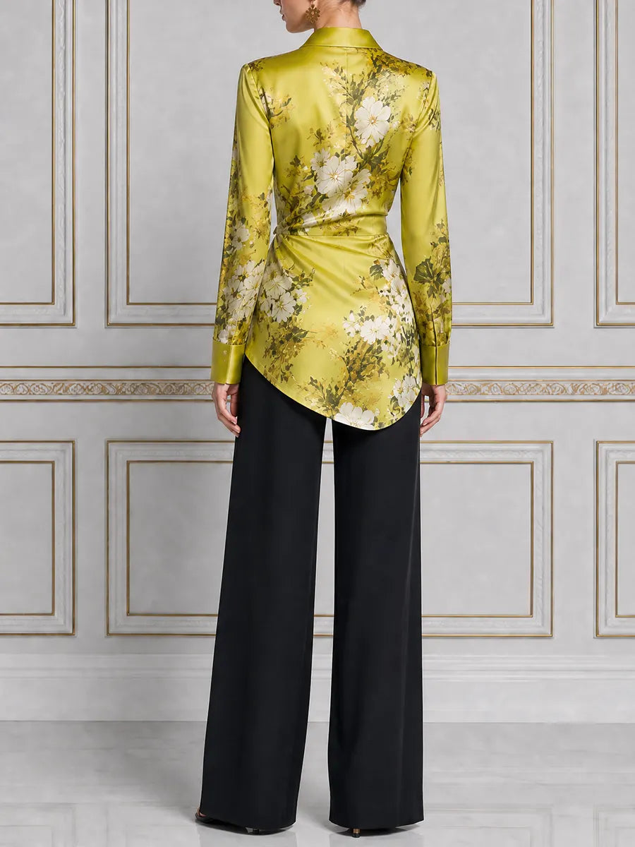 Green Floral Satin Wrap Shirt & Black Wide-Leg Trousers Two-Piece Set