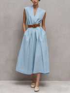 Women's V-neck Sleeveless Casual Loose Cotton Dress