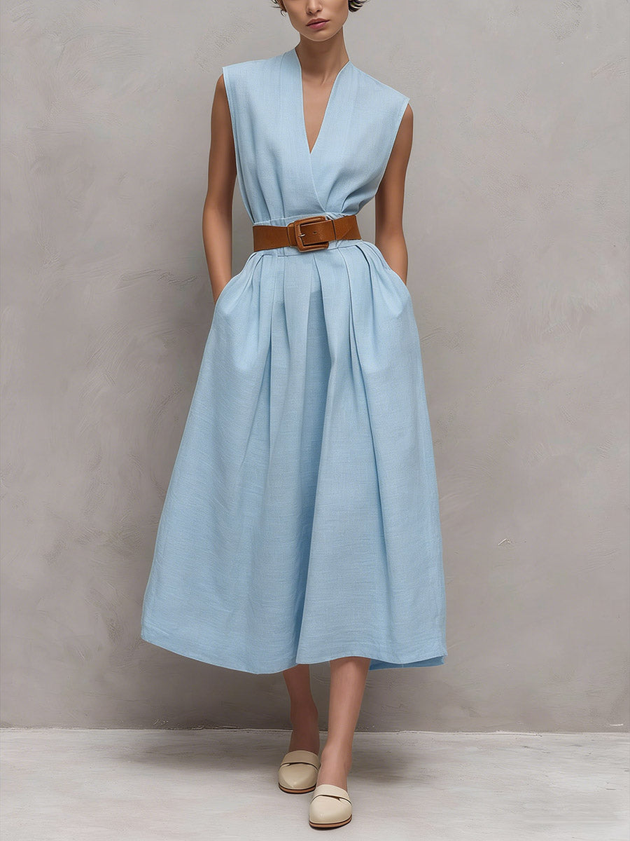 Women's V-neck Sleeveless Casual Loose Cotton Dress