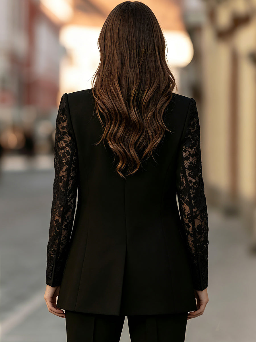 Lace Panel Double-Breasted Blazer