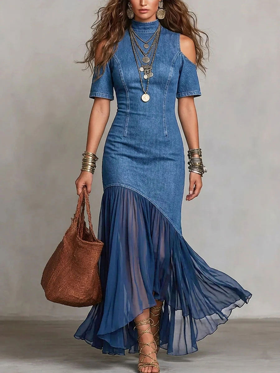 Women's Off-Shoulder Mesh Hem Short-Sleeve Dress