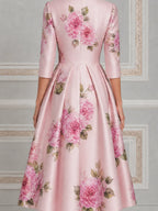 Pink Watercolor Peony Print Notched Lapel Pleated A-Line Midi Dress