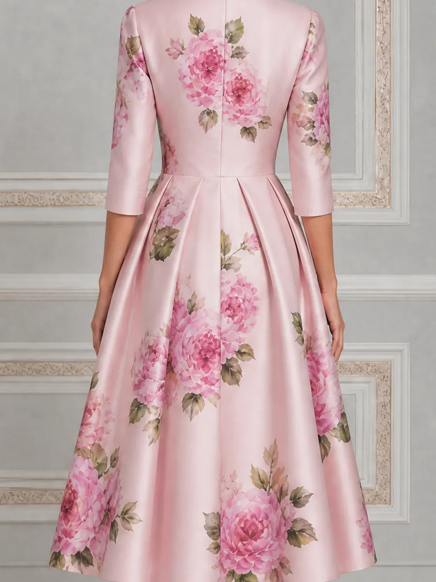 Pink Watercolor Peony Print Notched Lapel Pleated A-Line Midi Dress