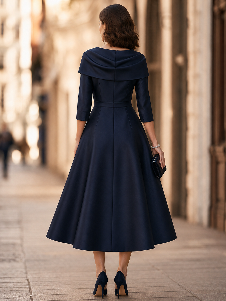 Draped Shawl-Collar Lace-Panel Midi Dress