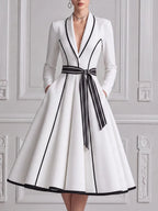 White Dress Contrast Trim Bow Belt A-Line Midi Dress