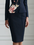 Contrast Collar Floral Pinstripe Blazer And Pencil Skirt Set