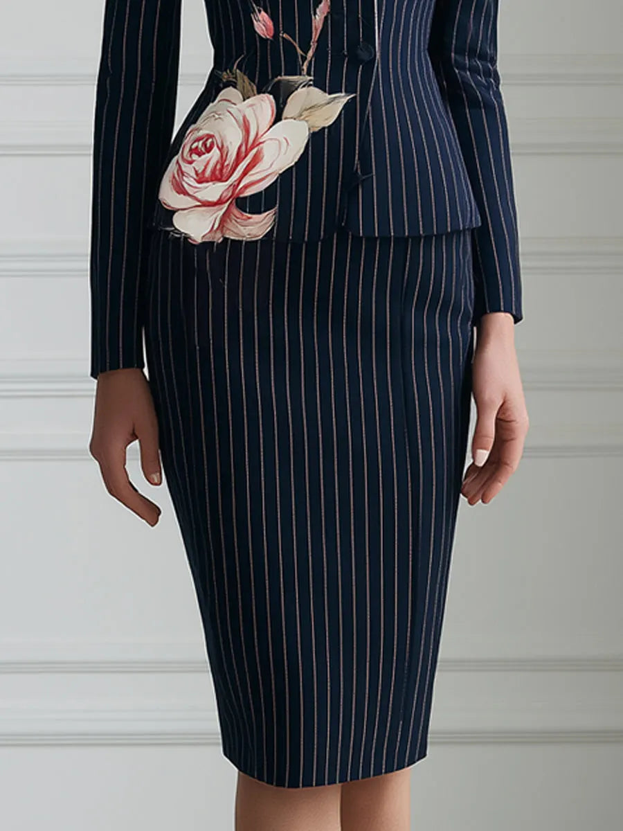 Contrast Collar Floral Pinstripe Blazer And Pencil Skirt Set
