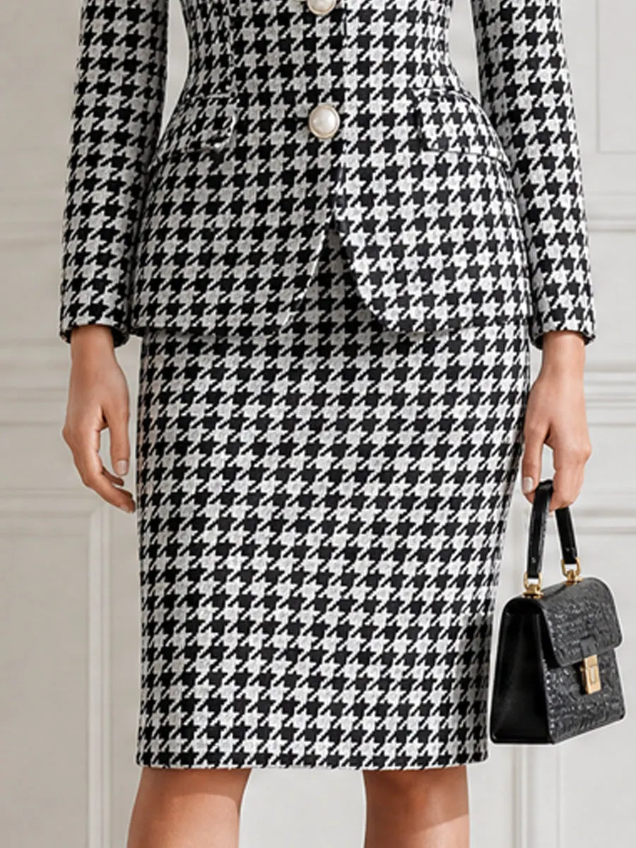 Black White Houndstooth Blazer & Pencil Skirt Business Suit