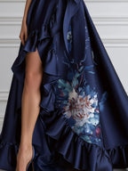 Floral Ruffle High-Low Halter Satin Evening Gown