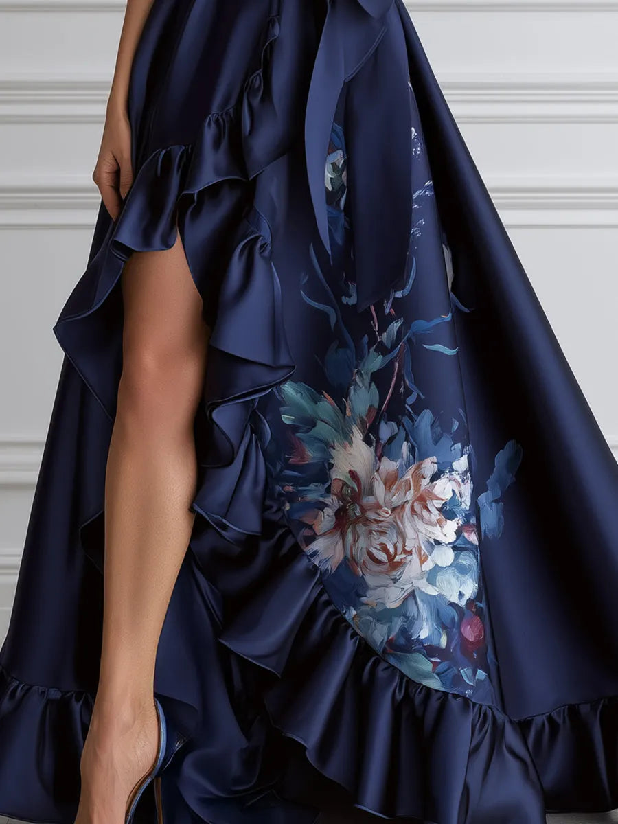 Floral Ruffle High-Low Halter Satin Evening Gown