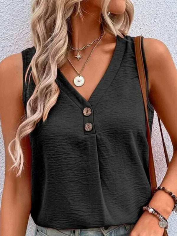 Women's Solid V-Neck Button Sleeveless Top in 7 Colors Sizes 4-14